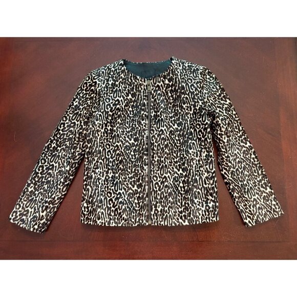 J. Crew Collection Calf Hair Leopard Print Leather Collarless Jacket Size 2 - Picture 3 of 16